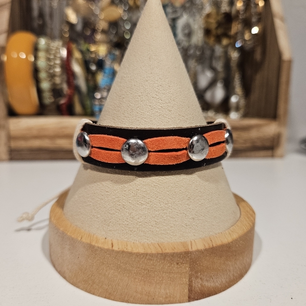 Orange and Brown Leather Grommet Bracelet Adjustable Jewelry